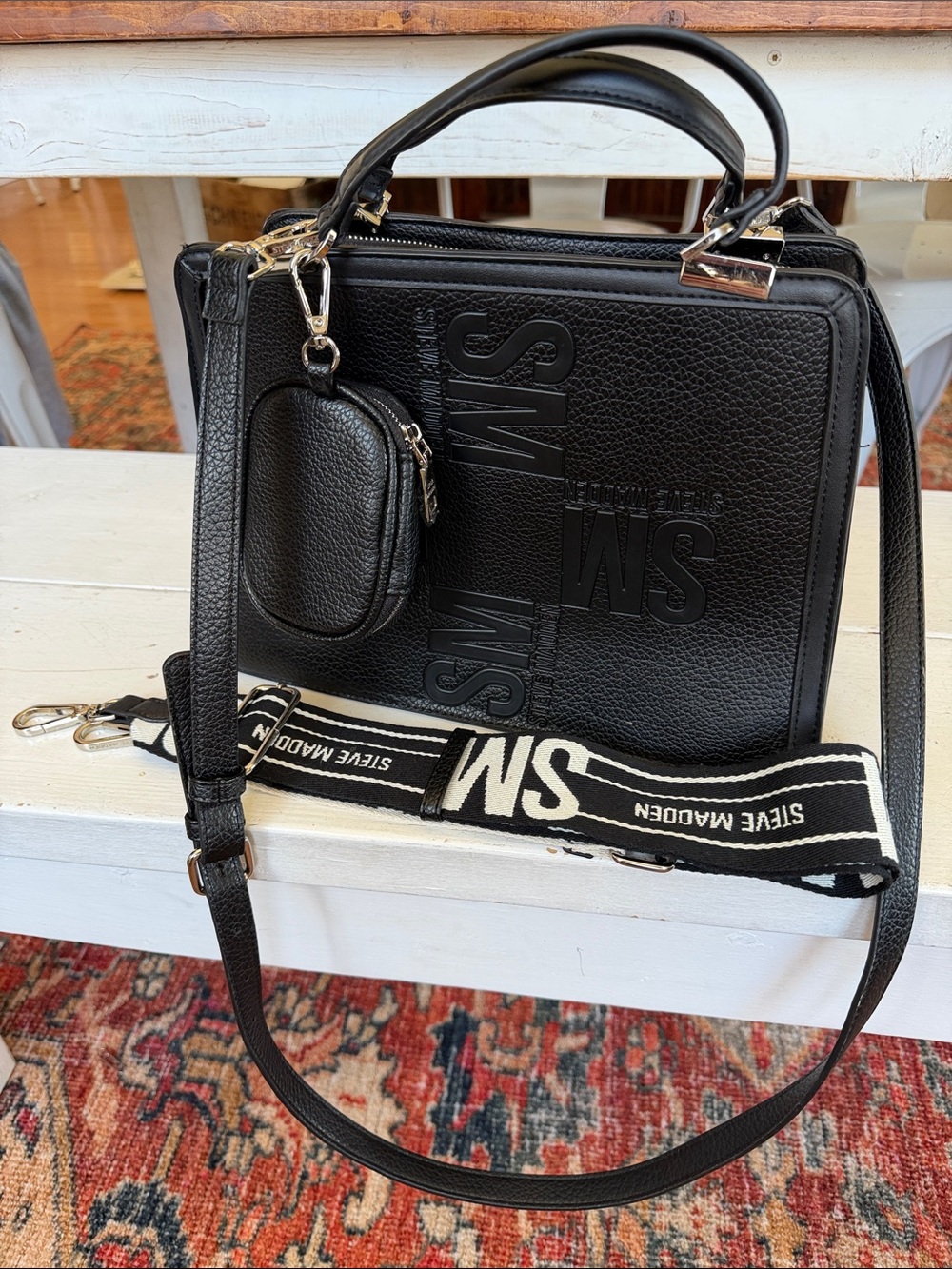 Steve Madden Black Embossed SM Boxy Crossbody with Branded Strap